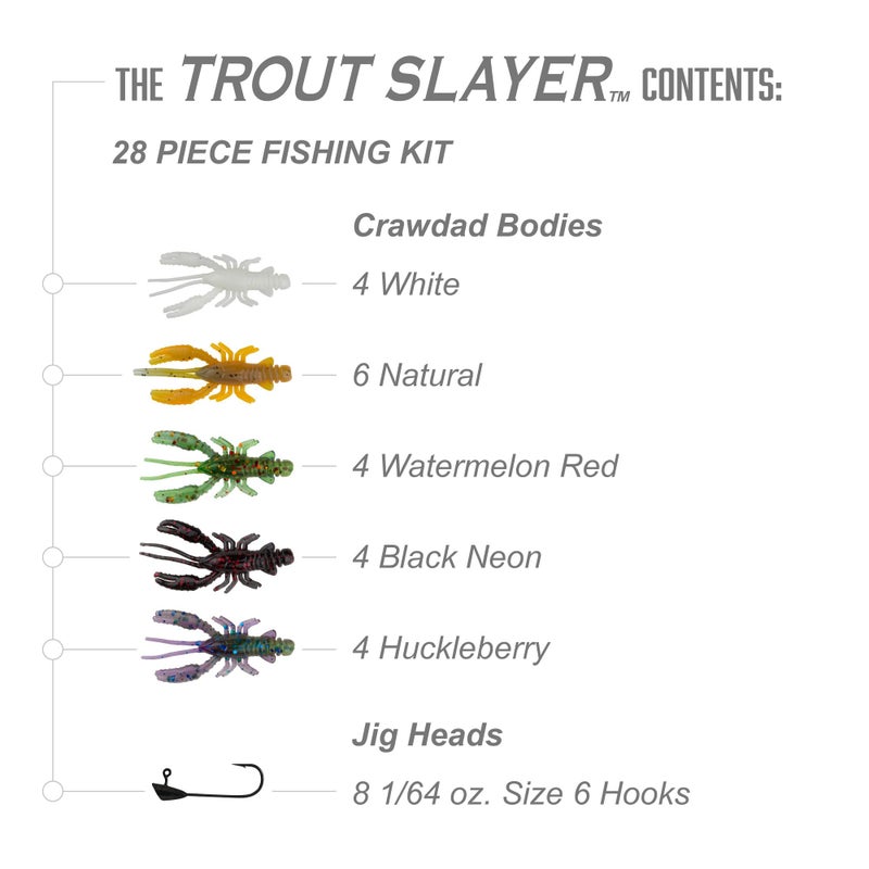 Trout Magnet Trout Slayer 28 Piece Fishing Kit, Includes 20 Crawdad Bodies and 8 Size 6 Long Shank Hooks, Great for Small Streams and Lakes, Catches All Species, White - Image 2